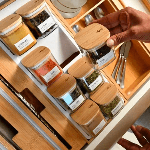 Organizador De Temperos 9pçs Gaveta Armário Cozinha Bambu - Minha loja