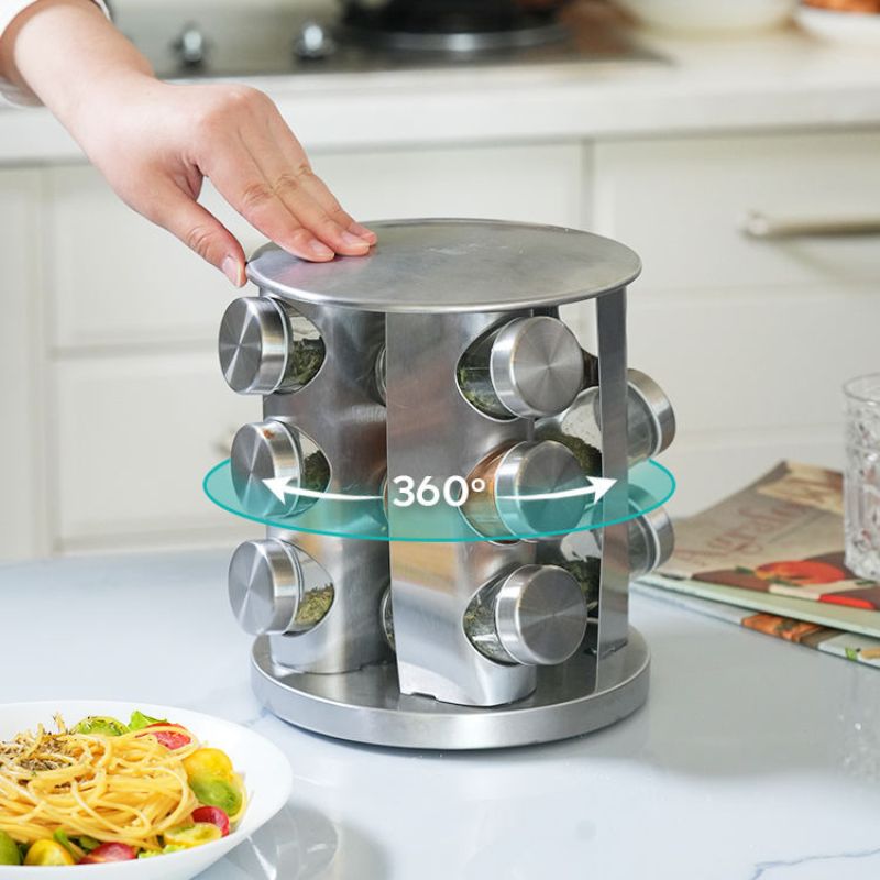 Porta Temperos e Condimentos Giratório em Inox - 12 Potes - Minha loja