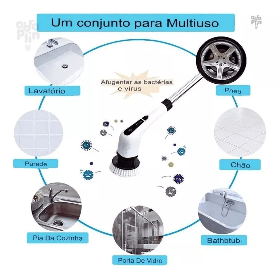 Escova Esfregão Elétrica 9 em 1 Recarregável – Rotação 360° com Cabo Extensor - Minha loja