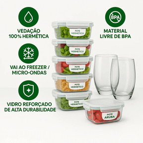 Kit 15 Potes Herméticos de Vidro + 10 Copos de Vidro Aruba de Brinde - Minha loja