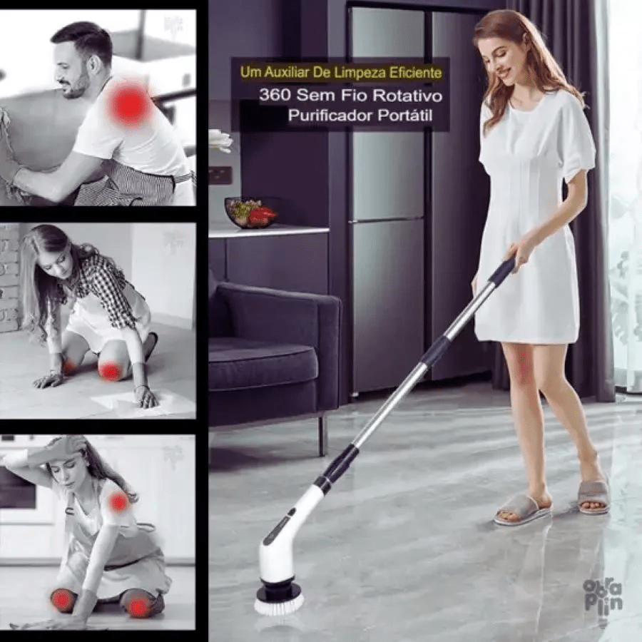 Escova Esfregão Elétrica 9 em 1 Recarregável – Rotação 360° com Cabo Extensor - Minha loja