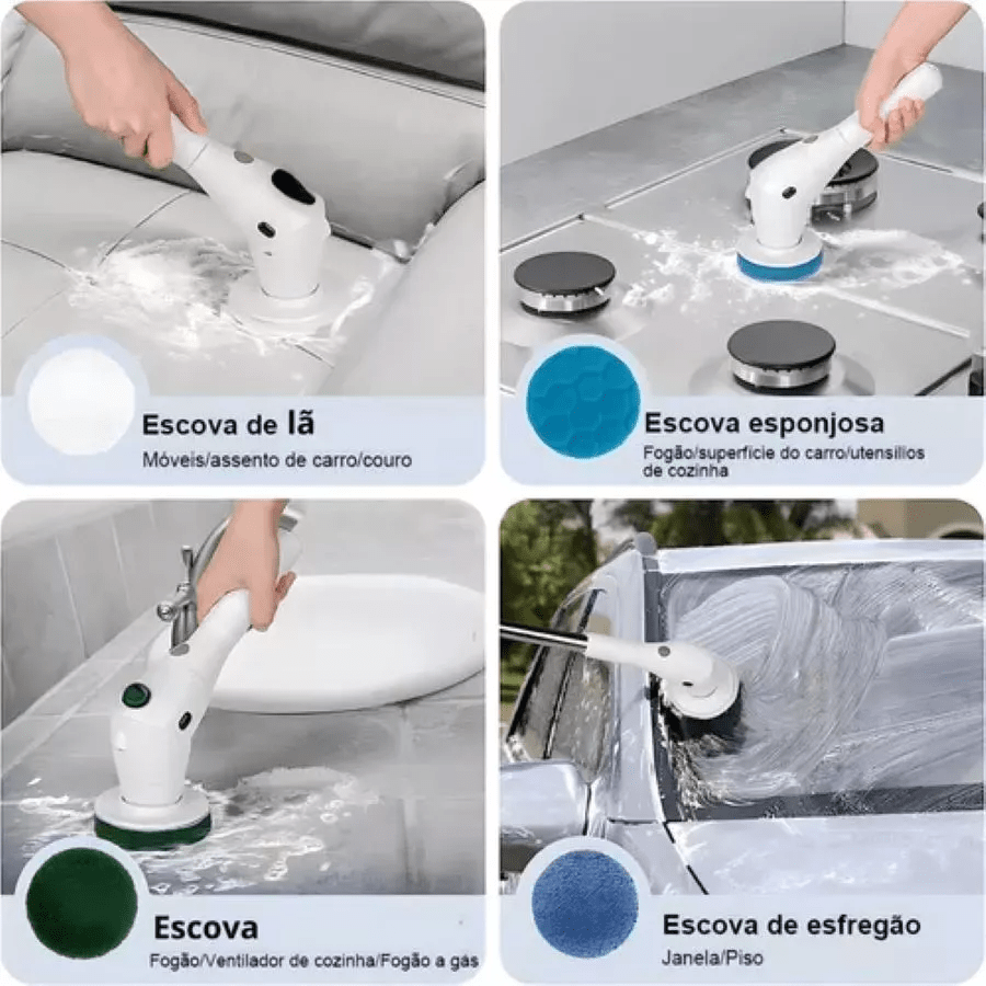 Escova Esfregão Elétrica 9 em 1 Recarregável – Rotação 360° com Cabo Extensor - Minha loja
