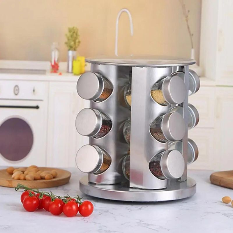 Porta Temperos e Condimentos Giratório em Inox - 12 Potes - Minha loja
